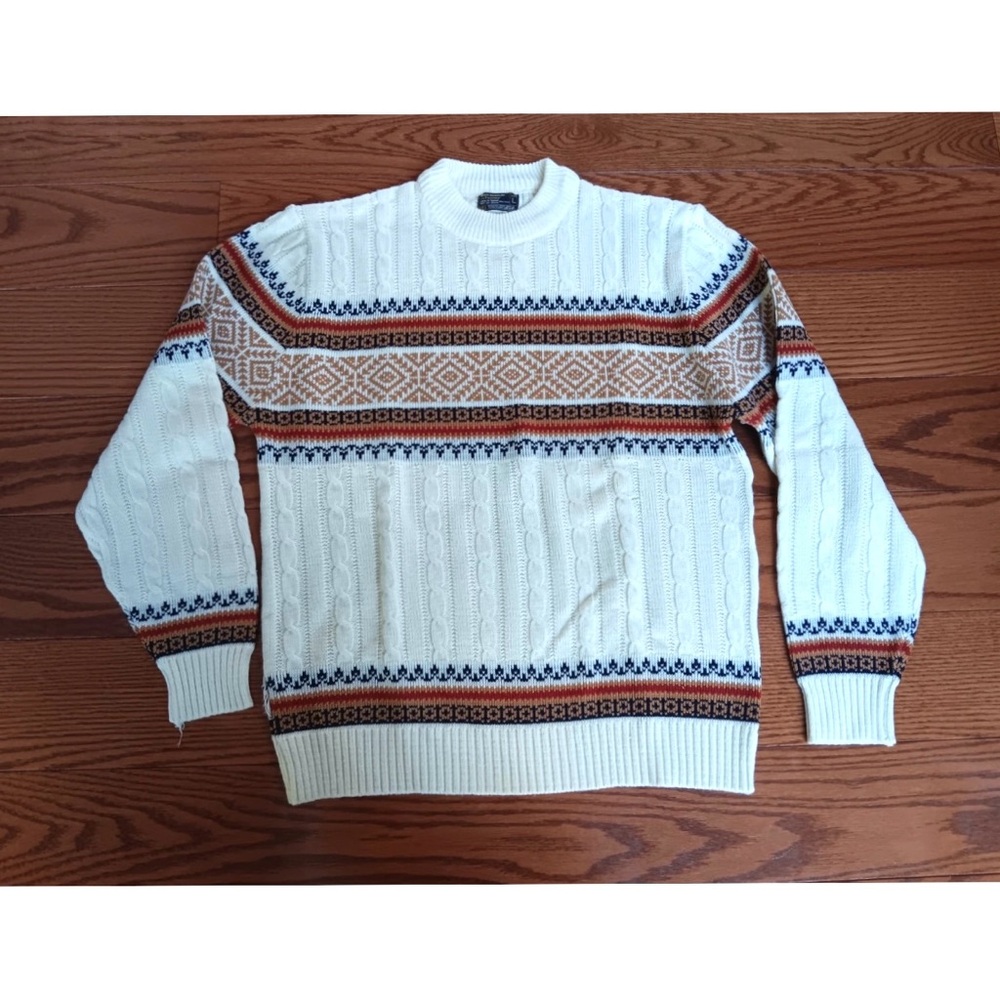 Men's Cream Patterned Sweater  Sz L VTG JCPenny